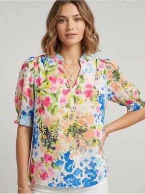 Rebecca Taylor White Floral V-Neck Ruffle Blouse